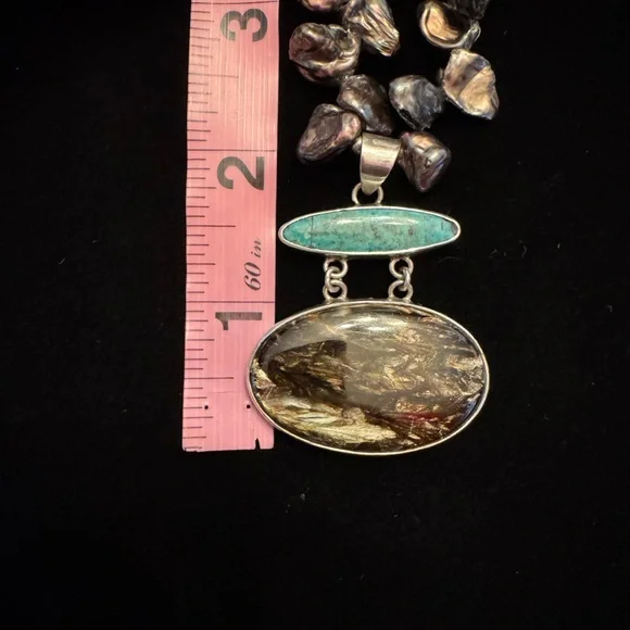 NWOT Freshwater Pearl Necklace with Jasper & Turquoise Pendant - Picture 6 of 8